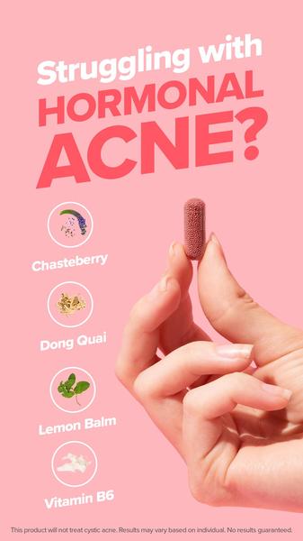 A vertical-format ad creative that uses a clean, pink-toned background to highlight supplement ingredients for hormonal skin health.